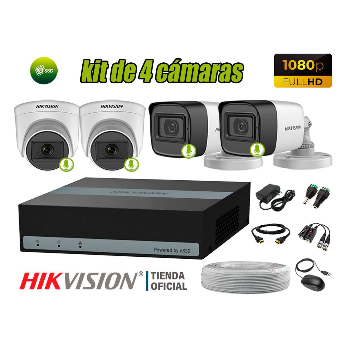 HIKVISION - KIT 4 CAMARAS DE SEGURIDAD CON AUDIO 2MP  E-DVR eSSD 300GB