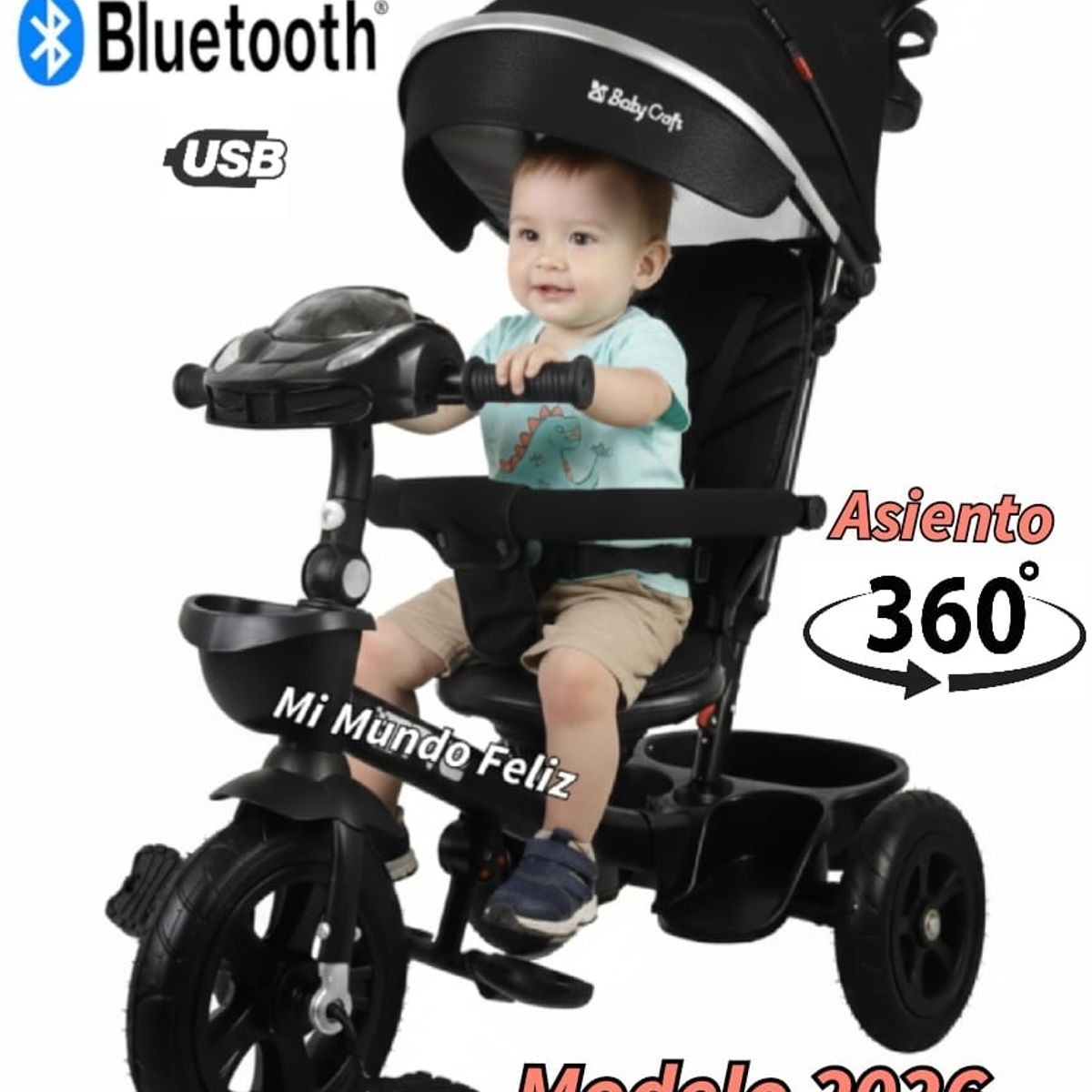 BABY HAPPY - Triciclo Multietapas para niños Cross Bh Usb Bluetooth NEGRO