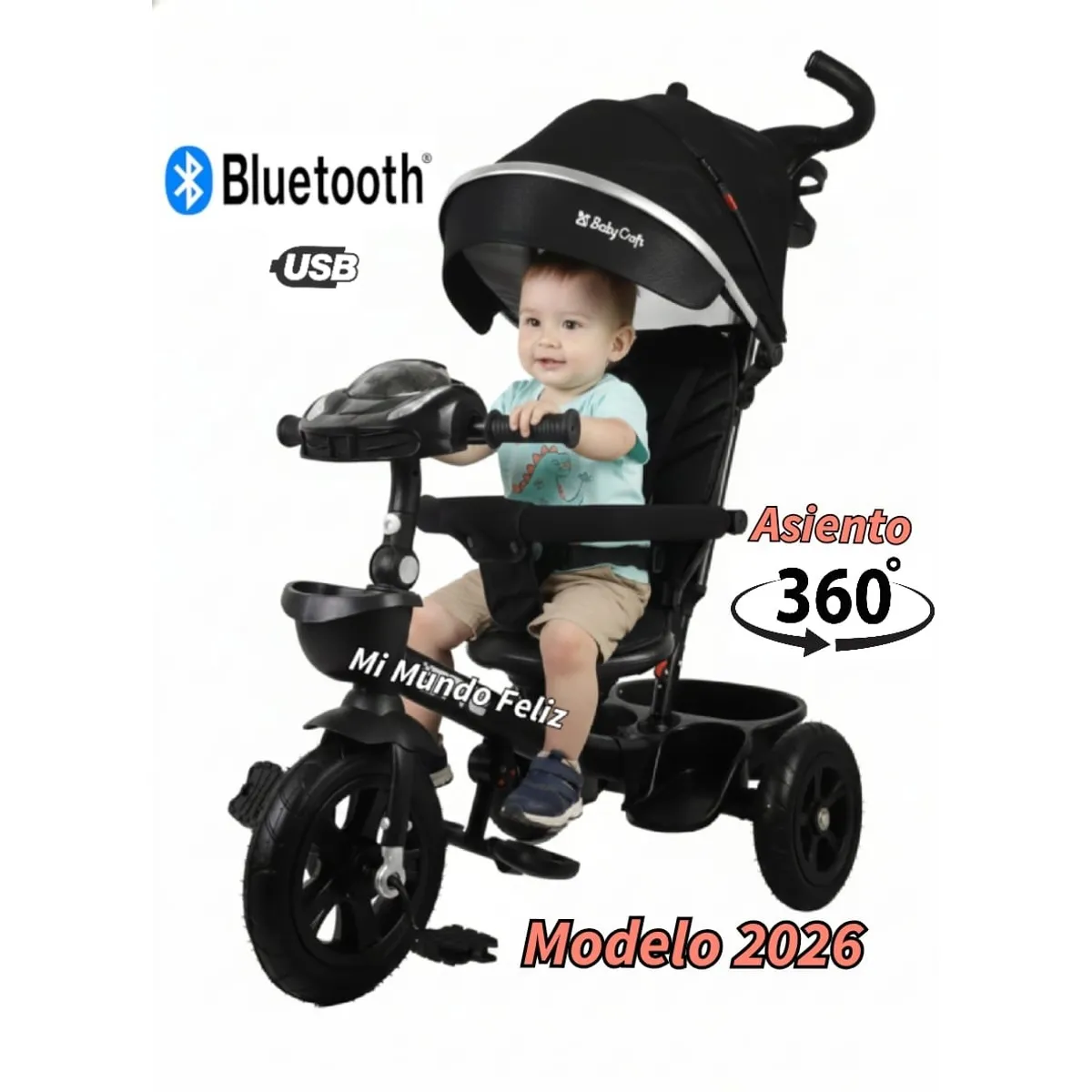 BABY HAPPY - Triciclo Multietapas para niños Cross Bh Usb Bluetooth NEGRO