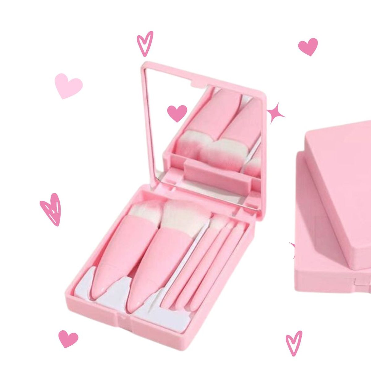 GENERICO - Juego de 5 MINI brochas de cartera con estuche y espejo Rosado