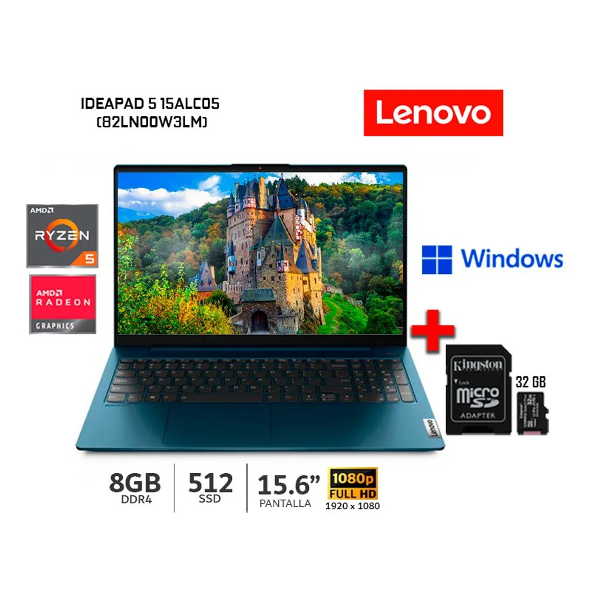 LENOVO - Laptop Lenovo AMD Ryzen 5 5500U 8GB RAM 512GB SSD 15.6 FHD + Micro SD 32 GB