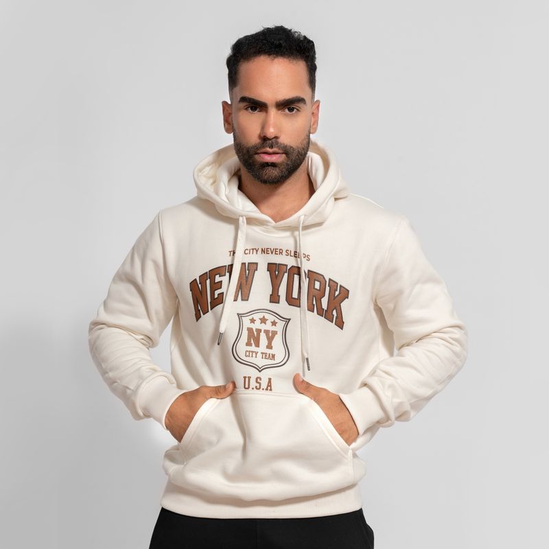 GENERICO - Polera hoddie de algodón afranelado new york crema Arcoi