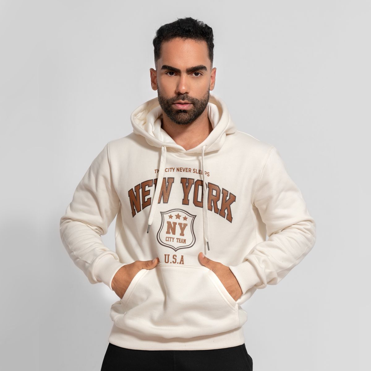 GENERICO - Polera hoddie de algodón afranelado new york crema Arcoi