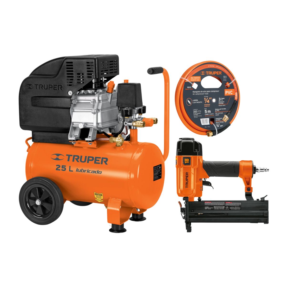 TRUPER - Compresor 25 L manguera 5m y clavadora y engrapadora Cal. 18