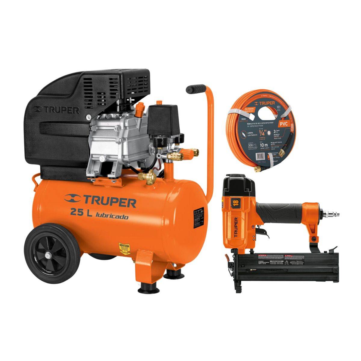 TRUPER - Compresor 25 L manguera 10m y clavadora engrapadora Truper
