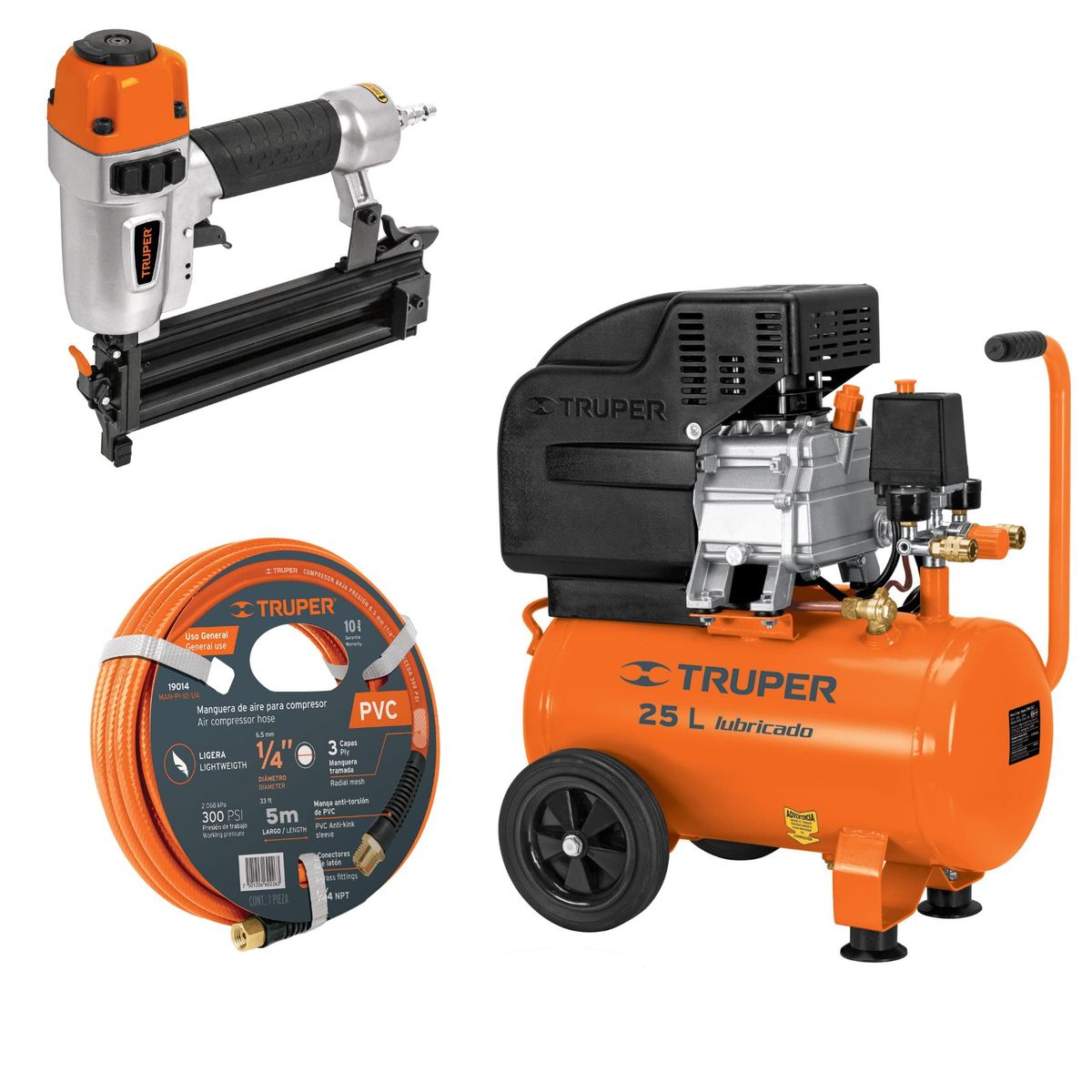 TRUPER - Compresor 25 L manguera 5m con clavadora nehumatica cal. 18