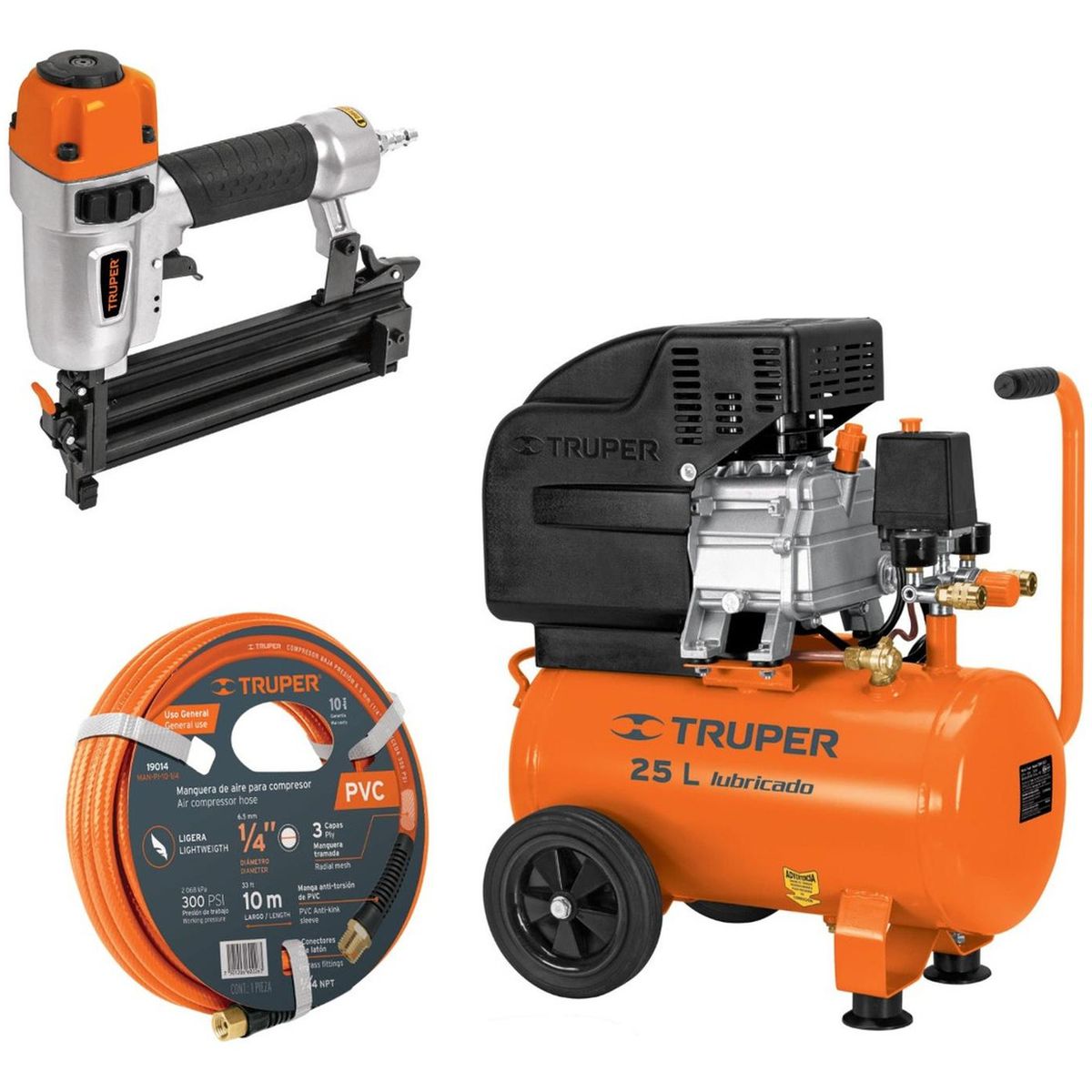 Truper - Compresor 25L manguera 10m con clavadora nehumatica cal. 18