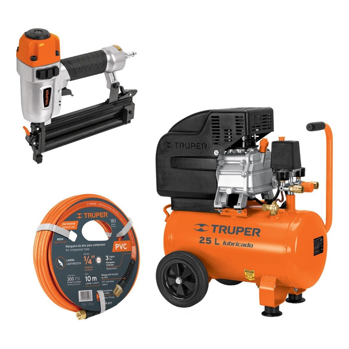 Truper - Compresor 25L manguera 10m con clavadora nehumatica cal. 18