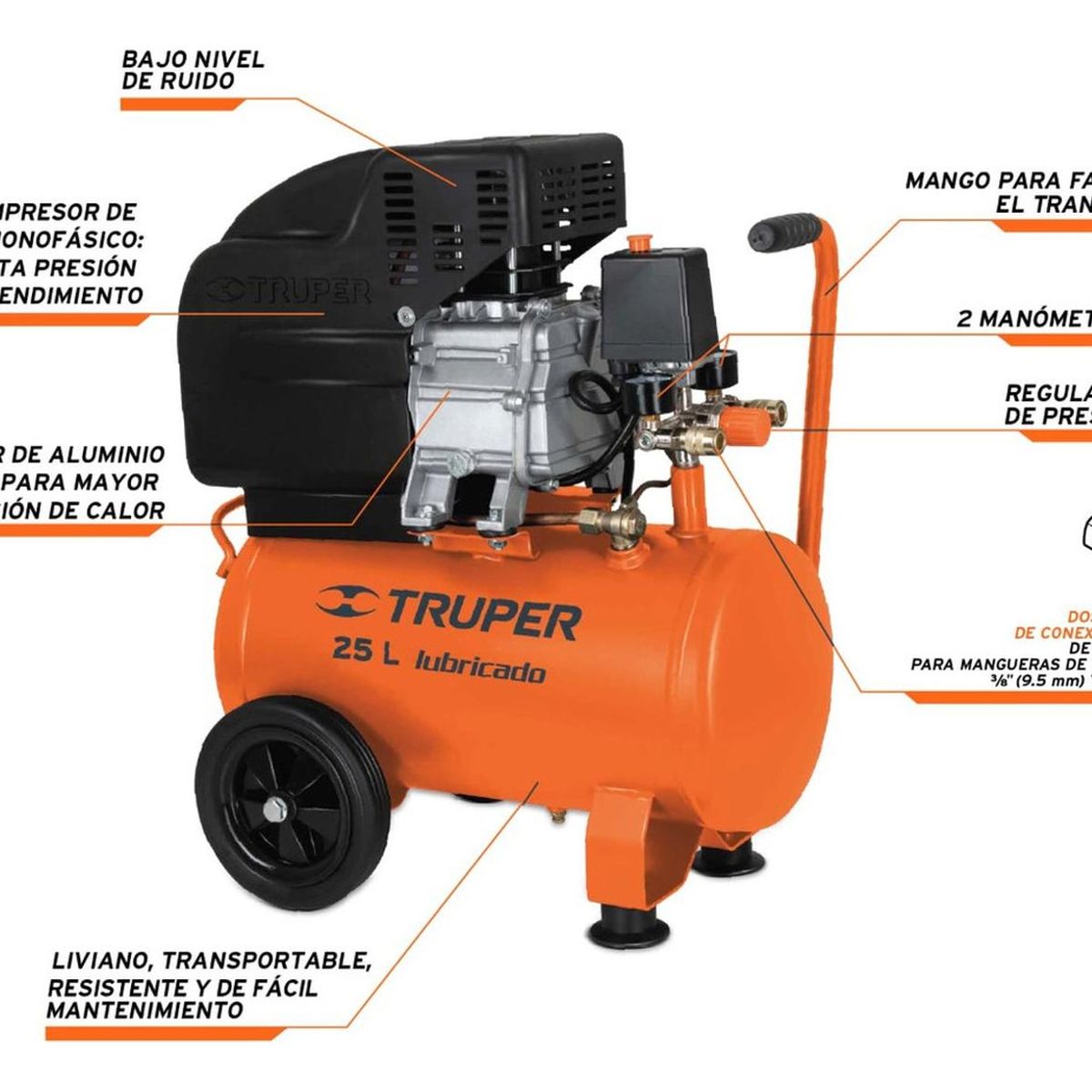 Truper - Compresor 25L manguera 10m con clavadora nehumatica cal. 18