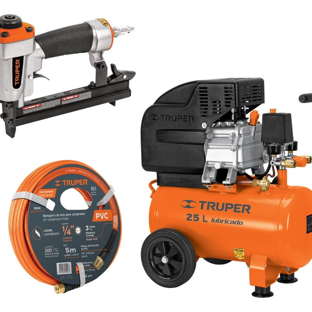 TRUPER - Compresora 25L manguera 5m con engrapadora nehumatica cal18