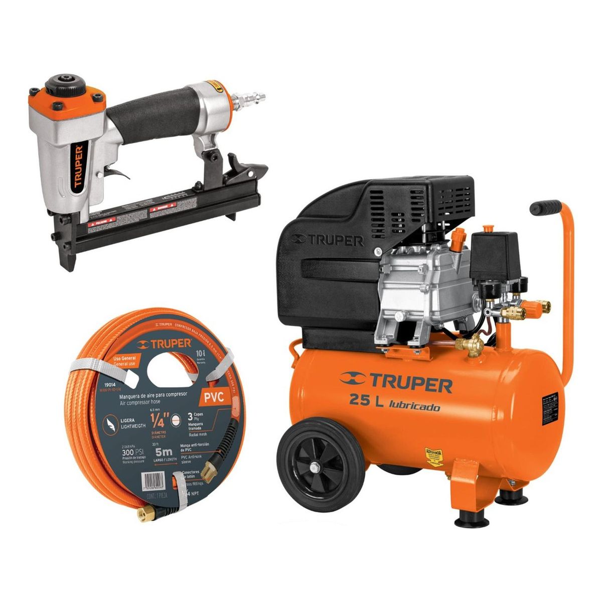 TRUPER - Compresora 25L manguera 5m con engrapadora nehumatica cal18