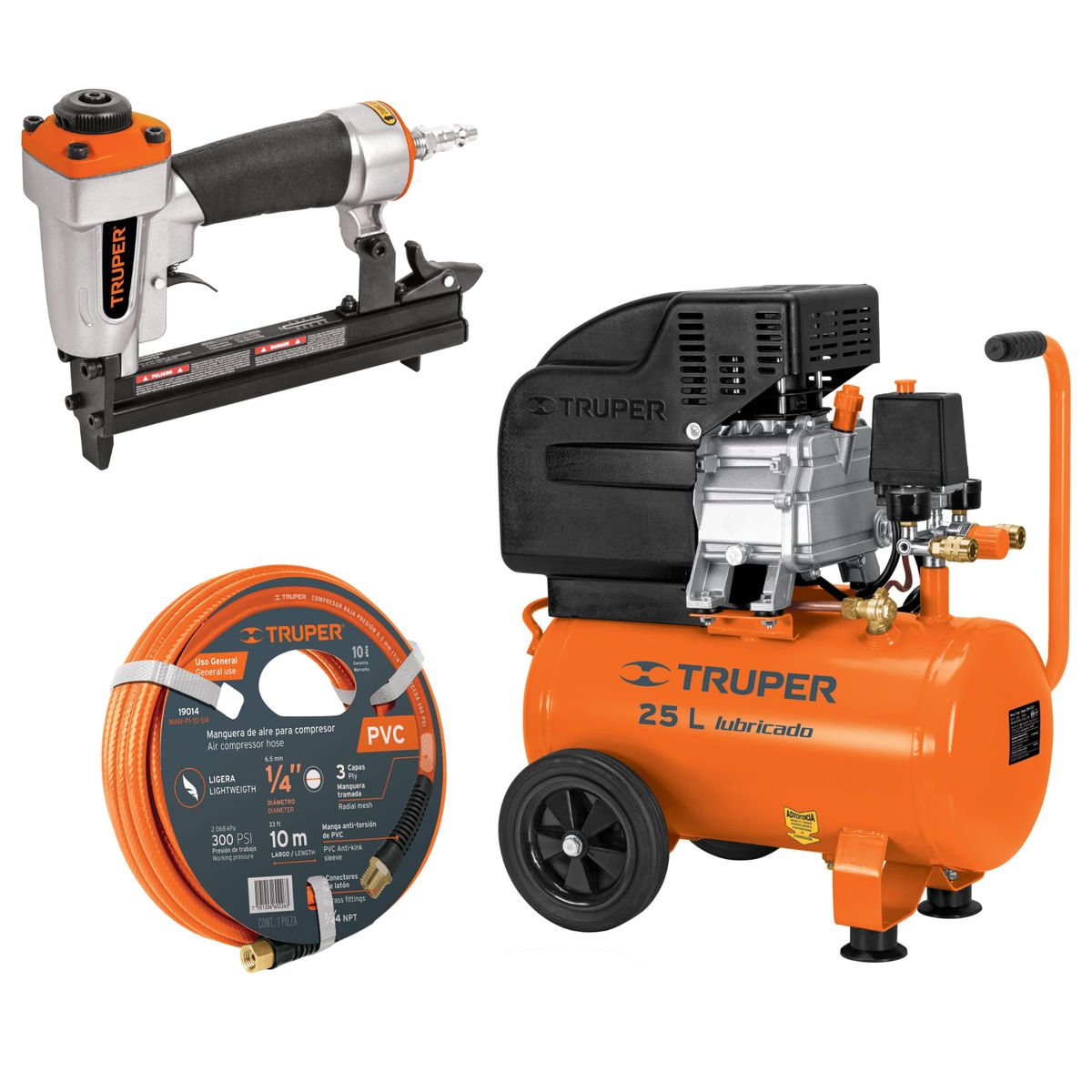 Truper - Compresora 25L manguera 10m y engrapadora nehumatica cal. 18