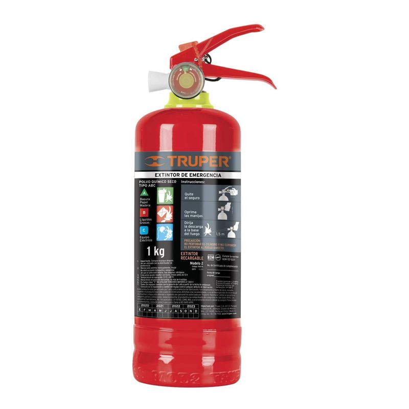 TRUPER - Extintor portátil recargable 1 kg, polvo tipo ABC, Truper