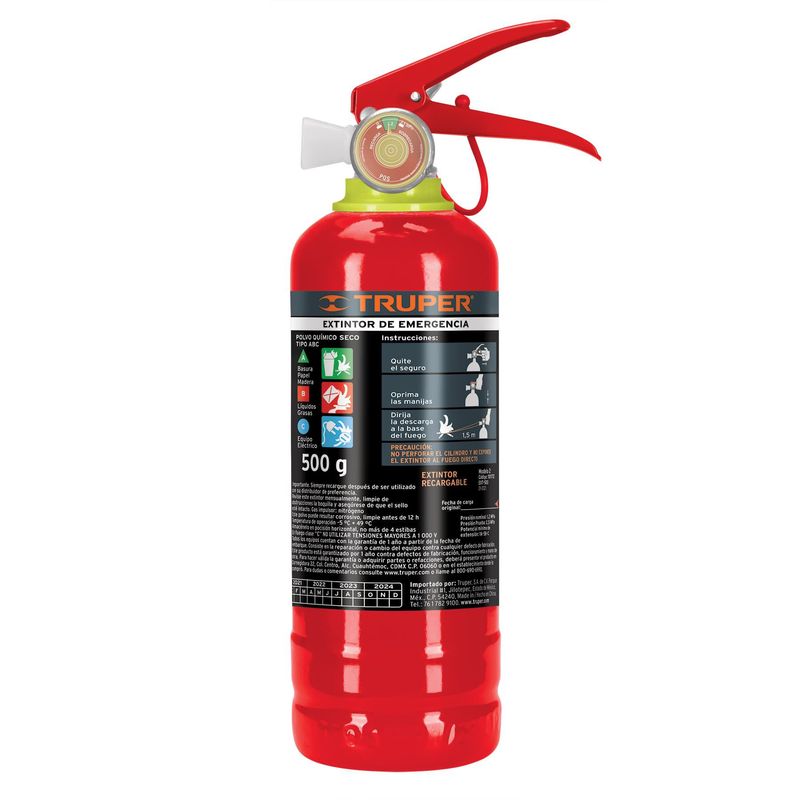 TRUPER - Extintor portátil recargable 0.5 kg, polvo tipo ABC, Truper