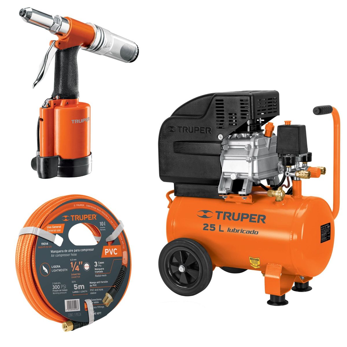 TRUPER - Compresora 25L manguera 5m y remachadora nehumatica 316