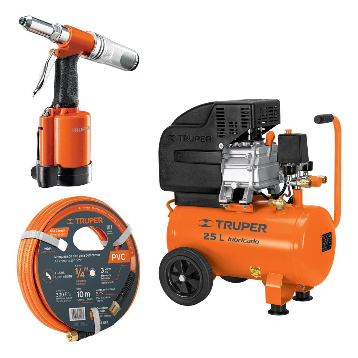 Truper - Compresora 25L manguera 10m y remachadora nehumatica 316