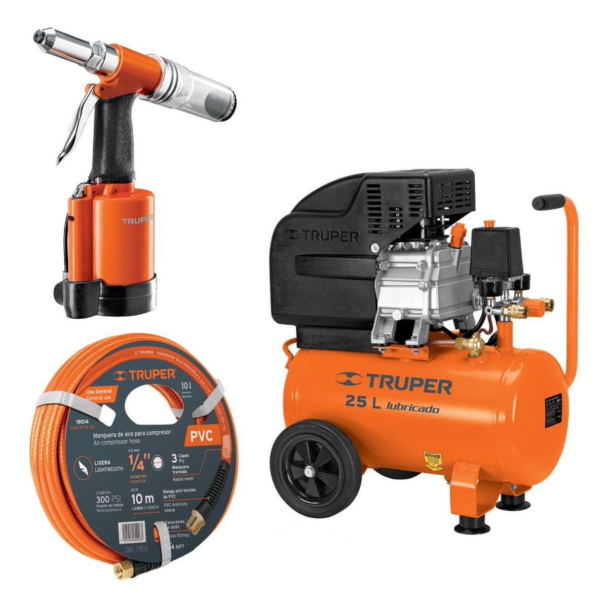 Truper - Compresora 25L manguera 10m y remachadora nehumatica 316