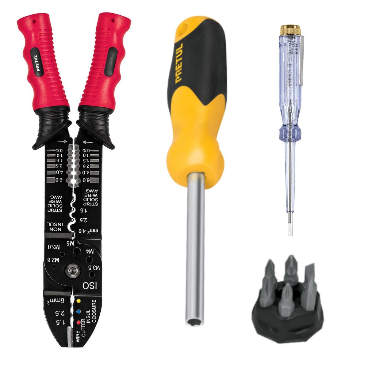PRETUL - Combo pelacables ponchador, desarmador con 6 puntas, probador de fase,