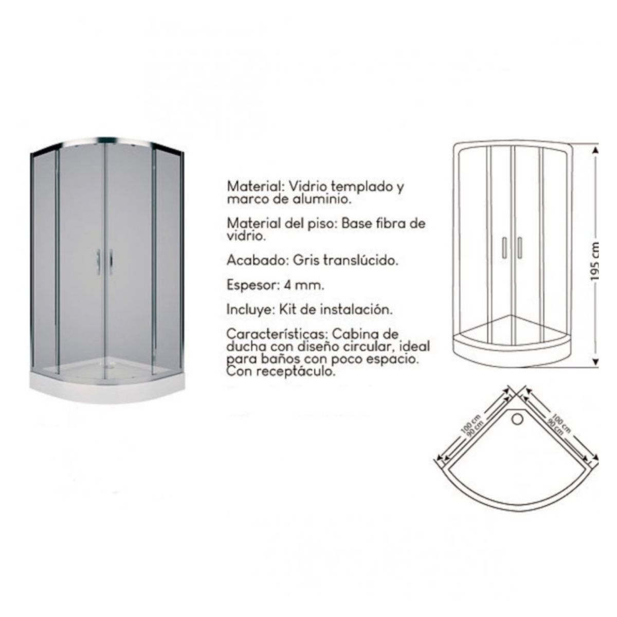 GENERICO - Cabina de Ducha XM Redonda Gris con Base