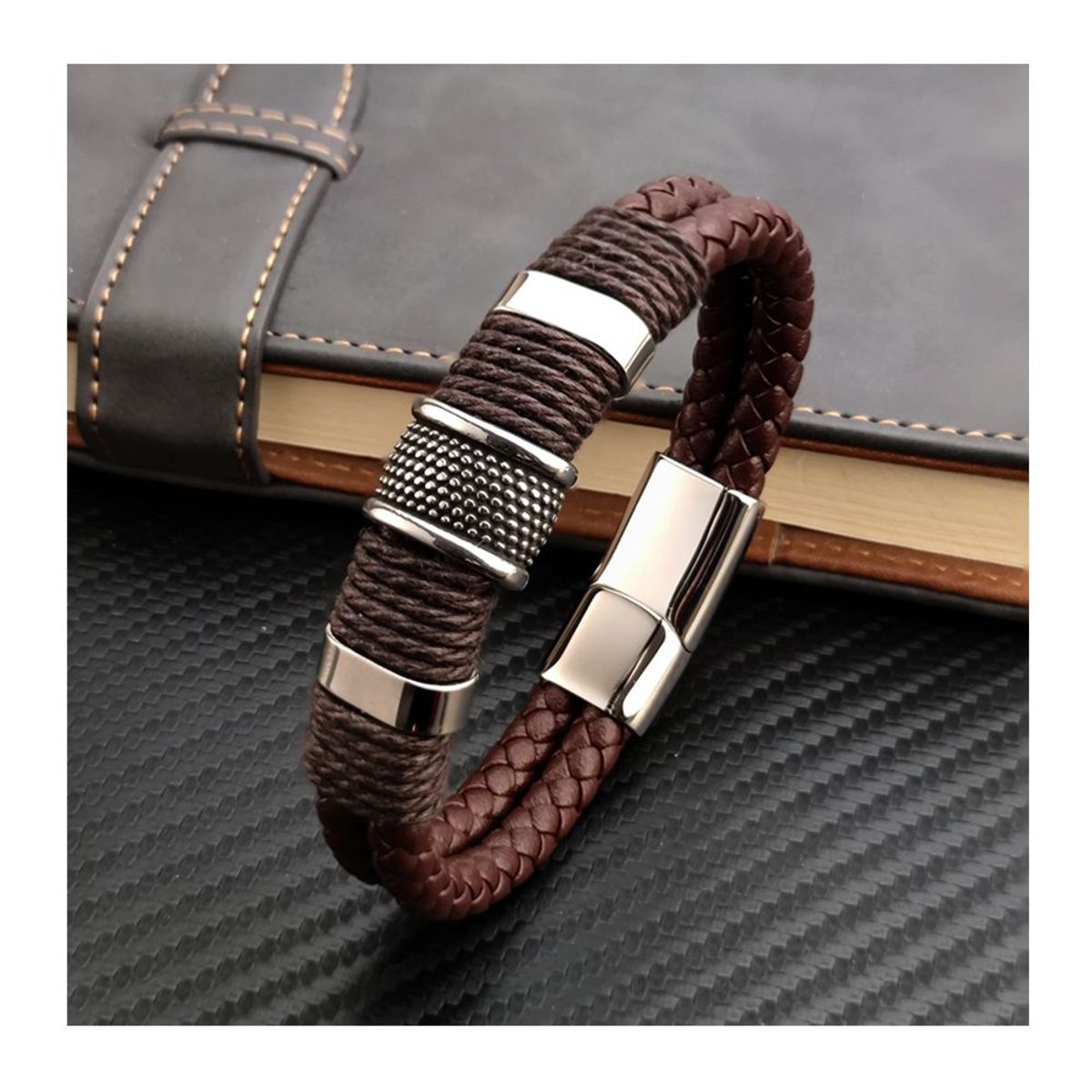 GENERICO - BRAZALETE TRENZADO CUERO GENUINO Y ACERO INOXIDABLE