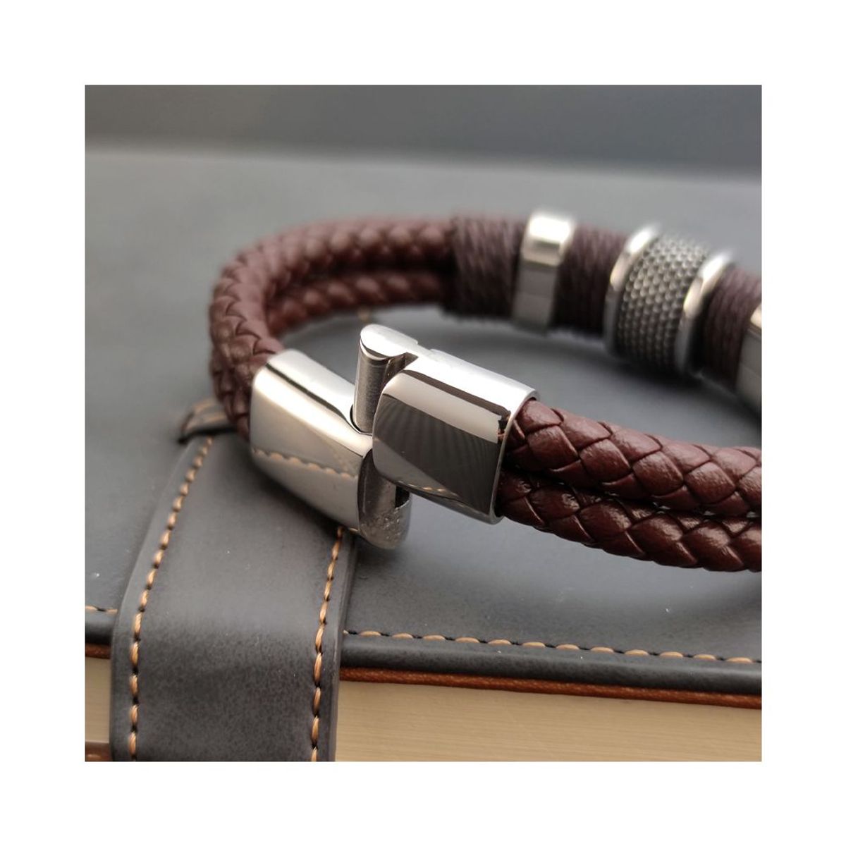 GENERICO - BRAZALETE TRENZADO CUERO GENUINO Y ACERO INOXIDABLE