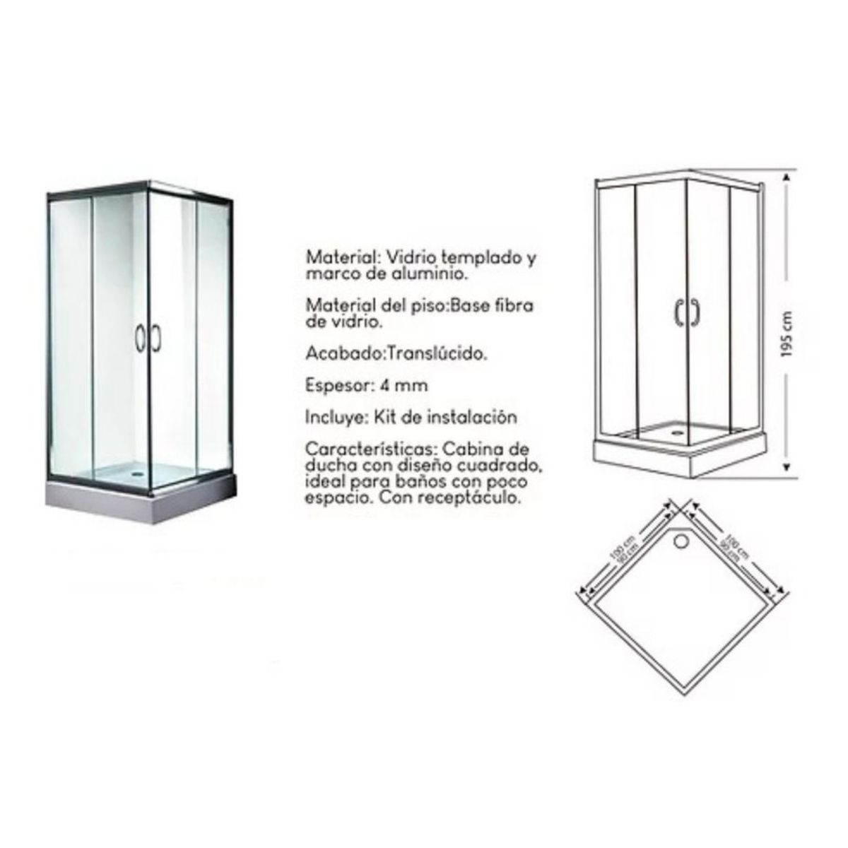 GENERICO - Cabina de Ducha XM Cuadrado Translúcido con Base