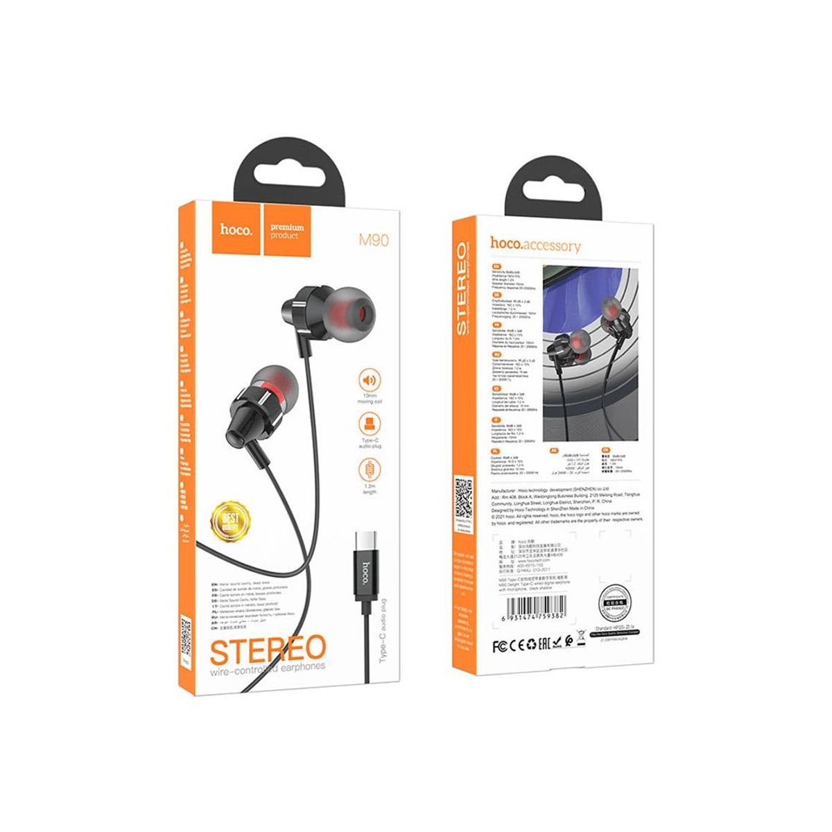 HOCO - Audífono Earphone Tipo C Hoco M90 Alámbrico 1,2m Negro De Calidad