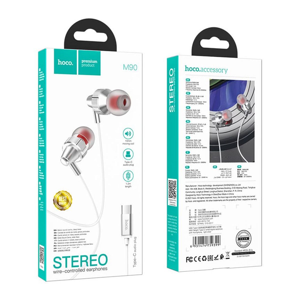 HOCO - Audífono Earphone Tipo C Hoco M90 Alámbrico 1,2m Gris De Calidad