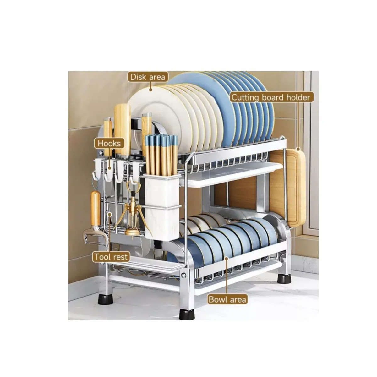 GENERICO - Escurridor de Platos de Acero inoxidable de Dos Niveles más accesorios