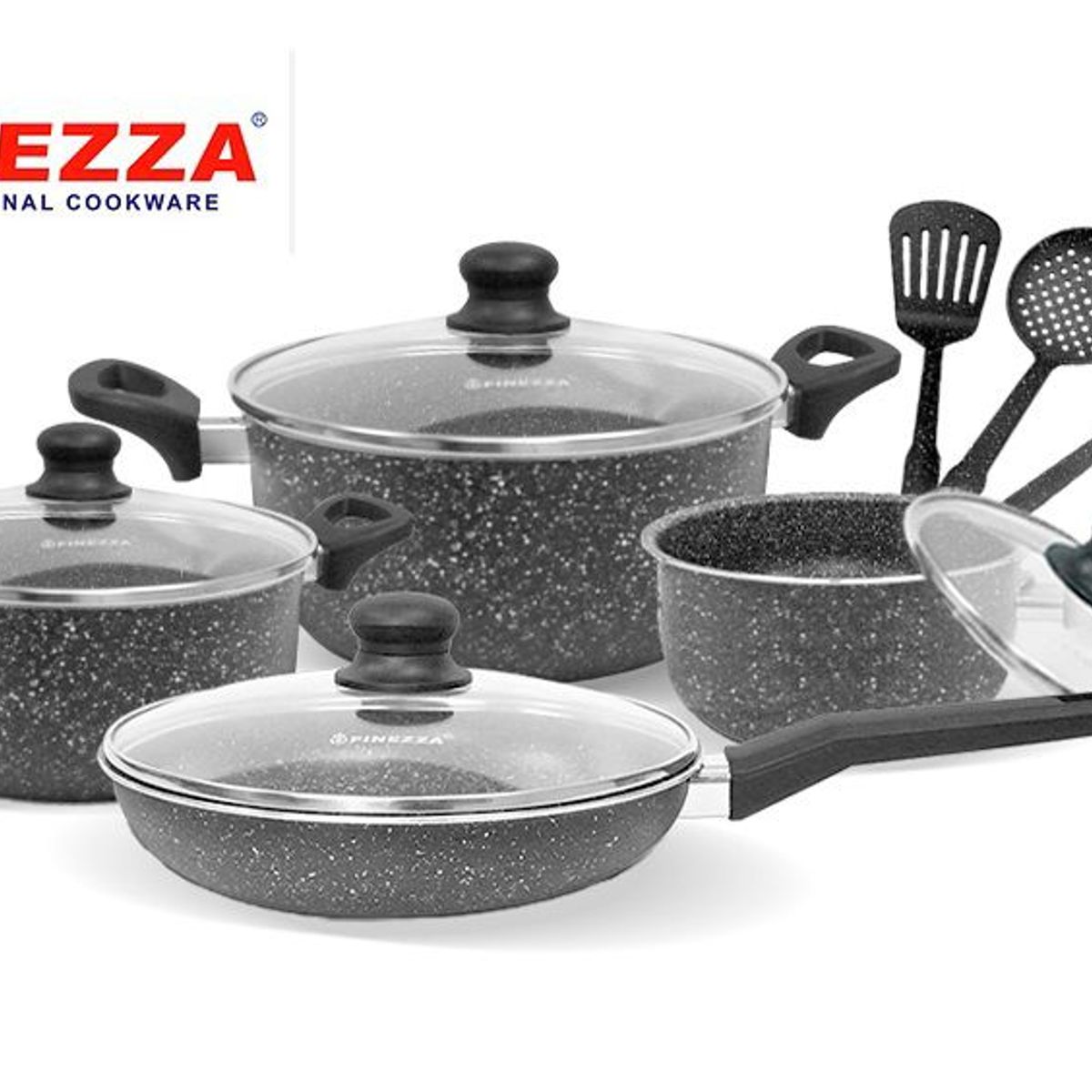 FINEZZA - Juego De Ollas Finezza Granito 11 Piezas Con Antiadherente Y Tapas De Vidrio