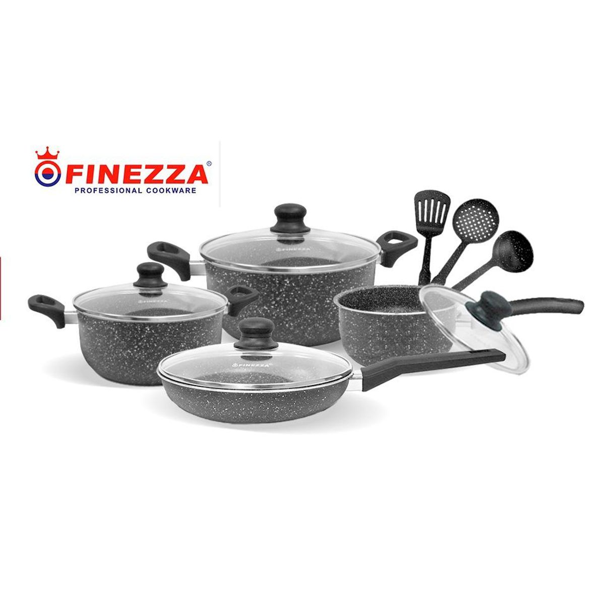 FINEZZA - Juego De Ollas Finezza Granito 11 Piezas Con Antiadherente Y Tapas De Vidrio