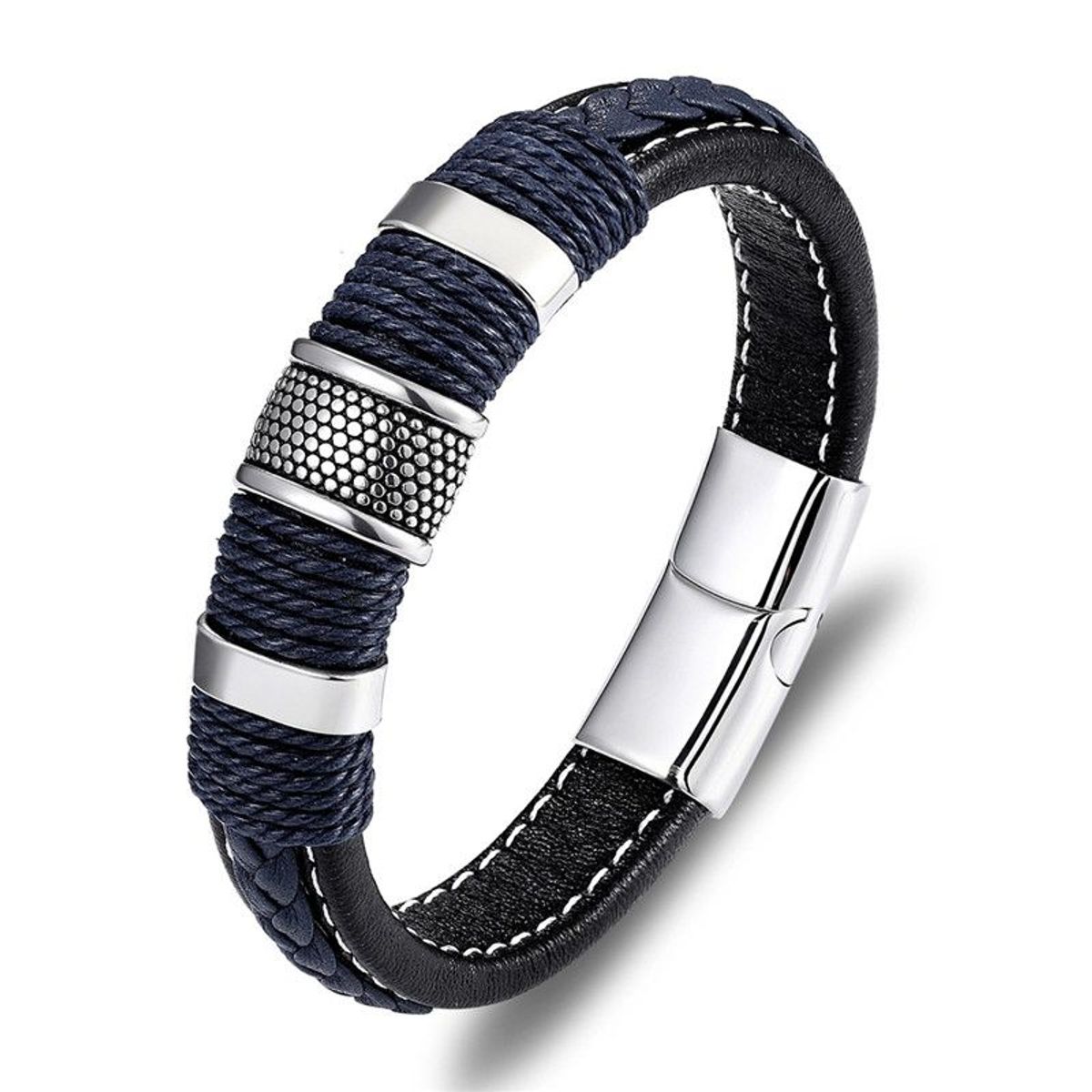 GENERICO - BRAZALETE TRENZADO CUERO GENUINO Y ACERO INOXIDABLE