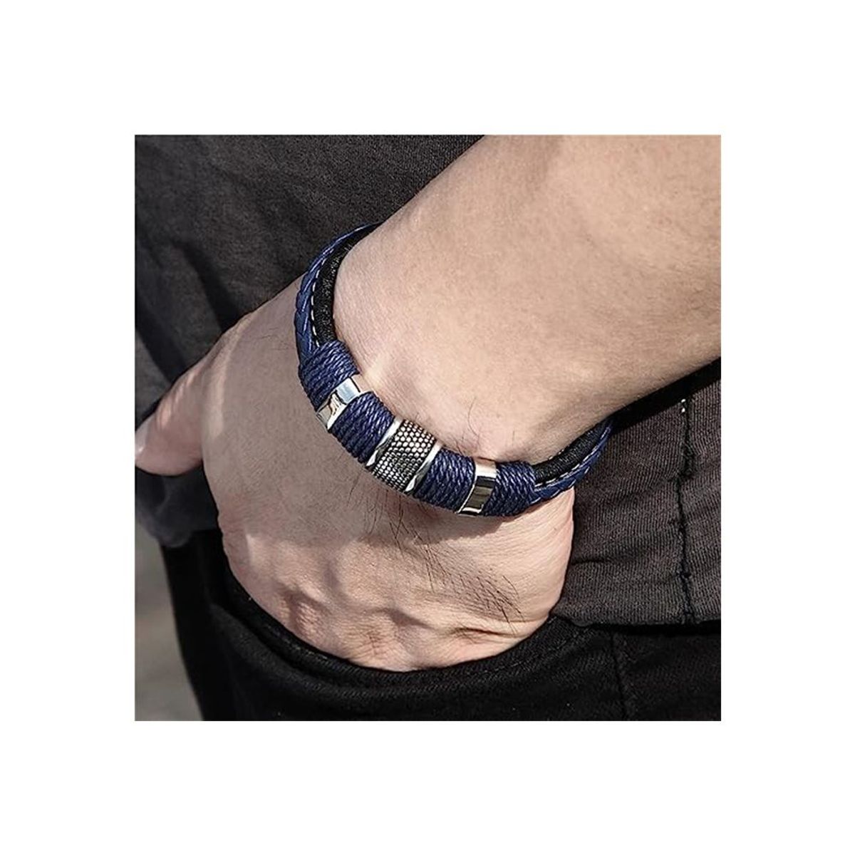 GENERICO - BRAZALETE TRENZADO CUERO GENUINO Y ACERO INOXIDABLE