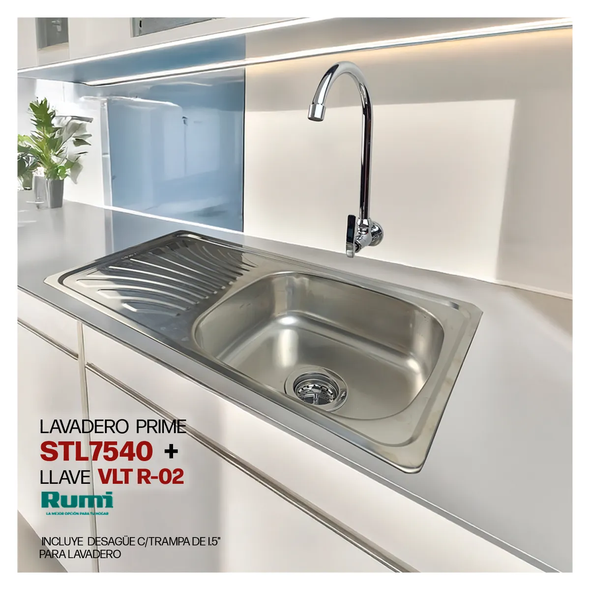 STONE - COMBO DE LAVADERO DE ACERO PRIME STL7540 + VLT-R-02 RUMI