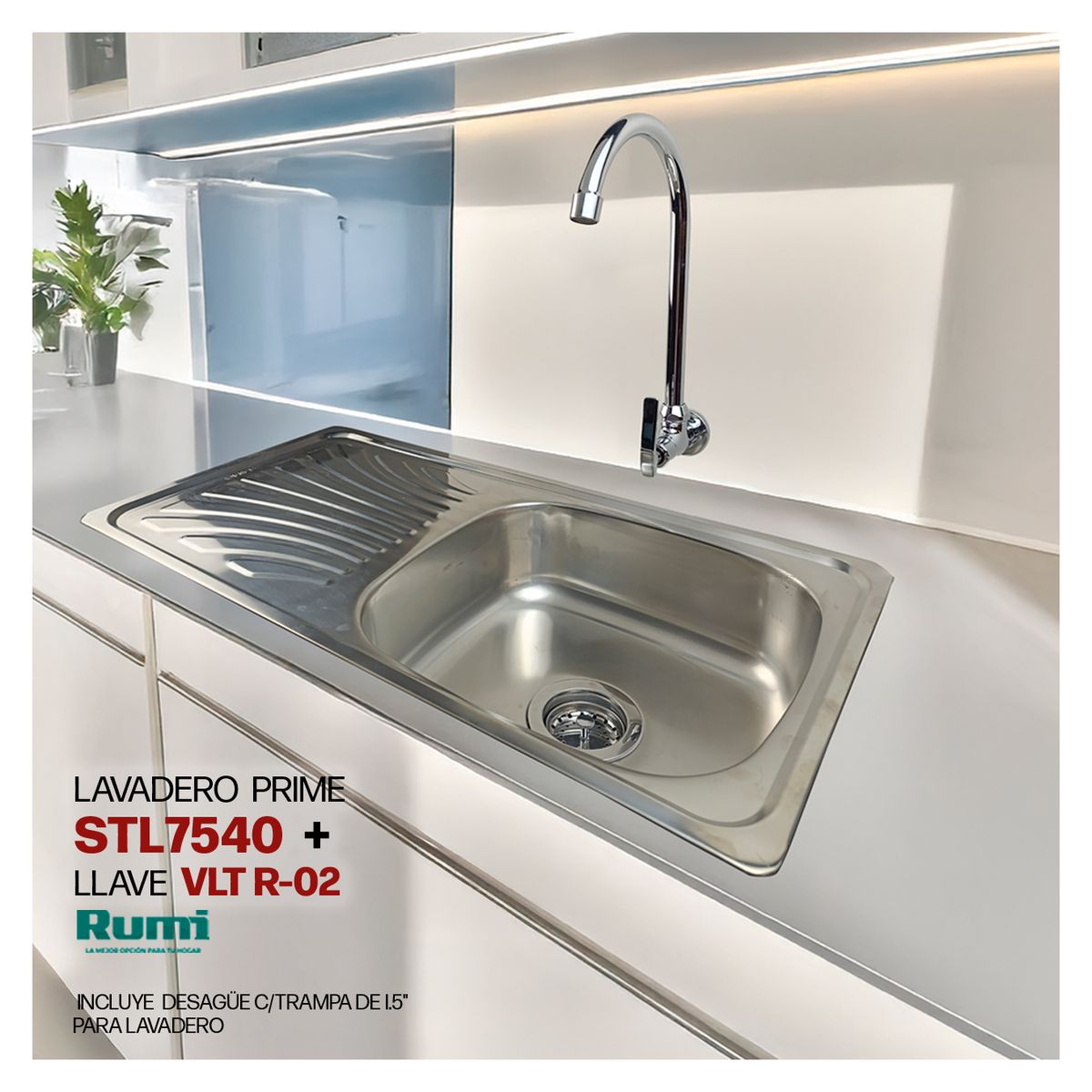 STONE - COMBO DE LAVADERO DE ACERO PRIME STL7540 + VLT-R-02 RUMI