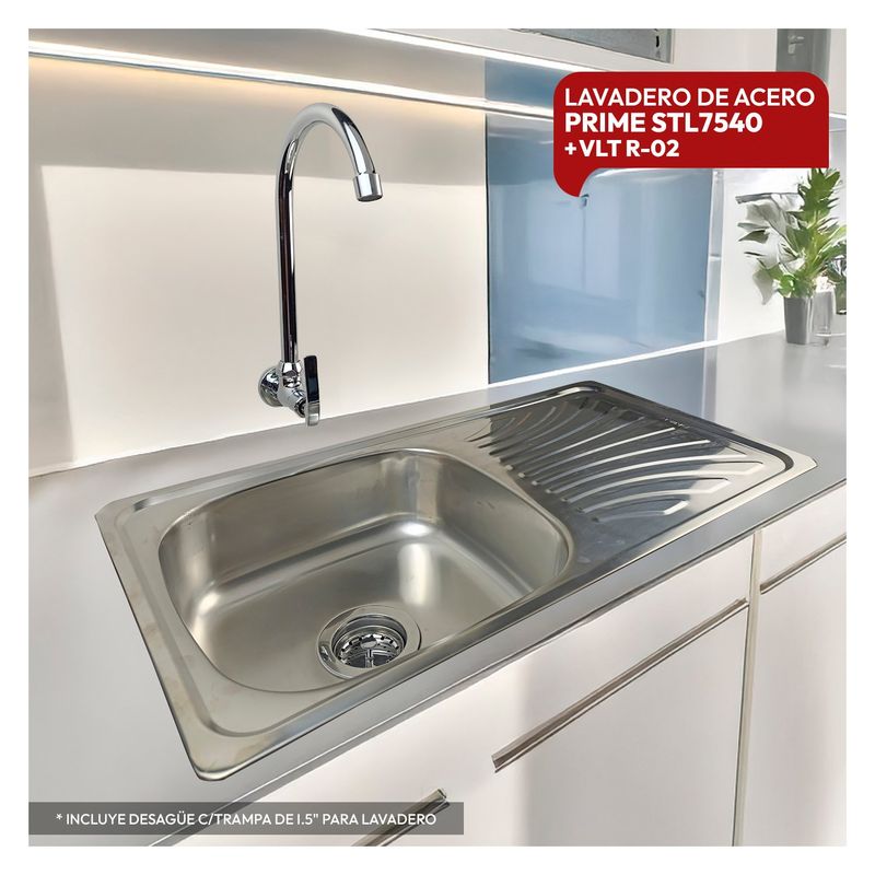 STONE - COMBO DE LAVADERO DE ACERO PRIME STL7540 + VLT-R-02 RUMI