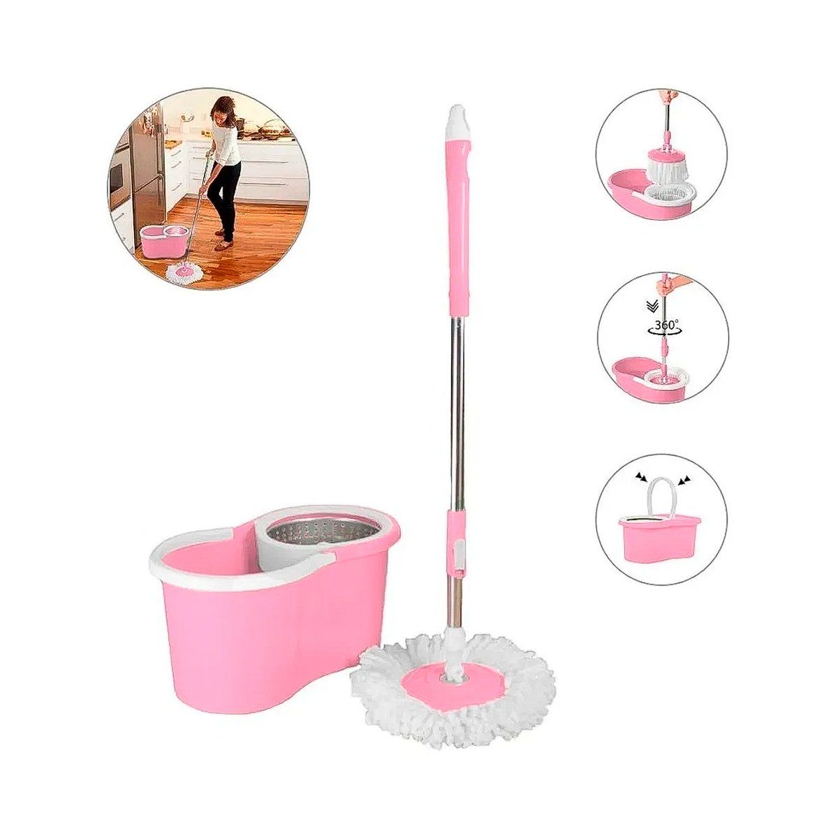 GRETAIL - Trapeador Escurridor Giratorio Con 2 Mopas Acero Azul Rojo