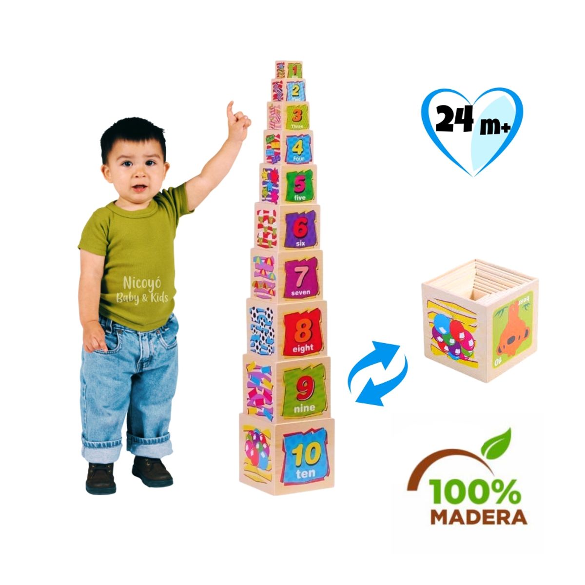 EDUCA - Set de Bloques Apilables de Madera para Niños x10 Piezas Apila Aprende y Juega