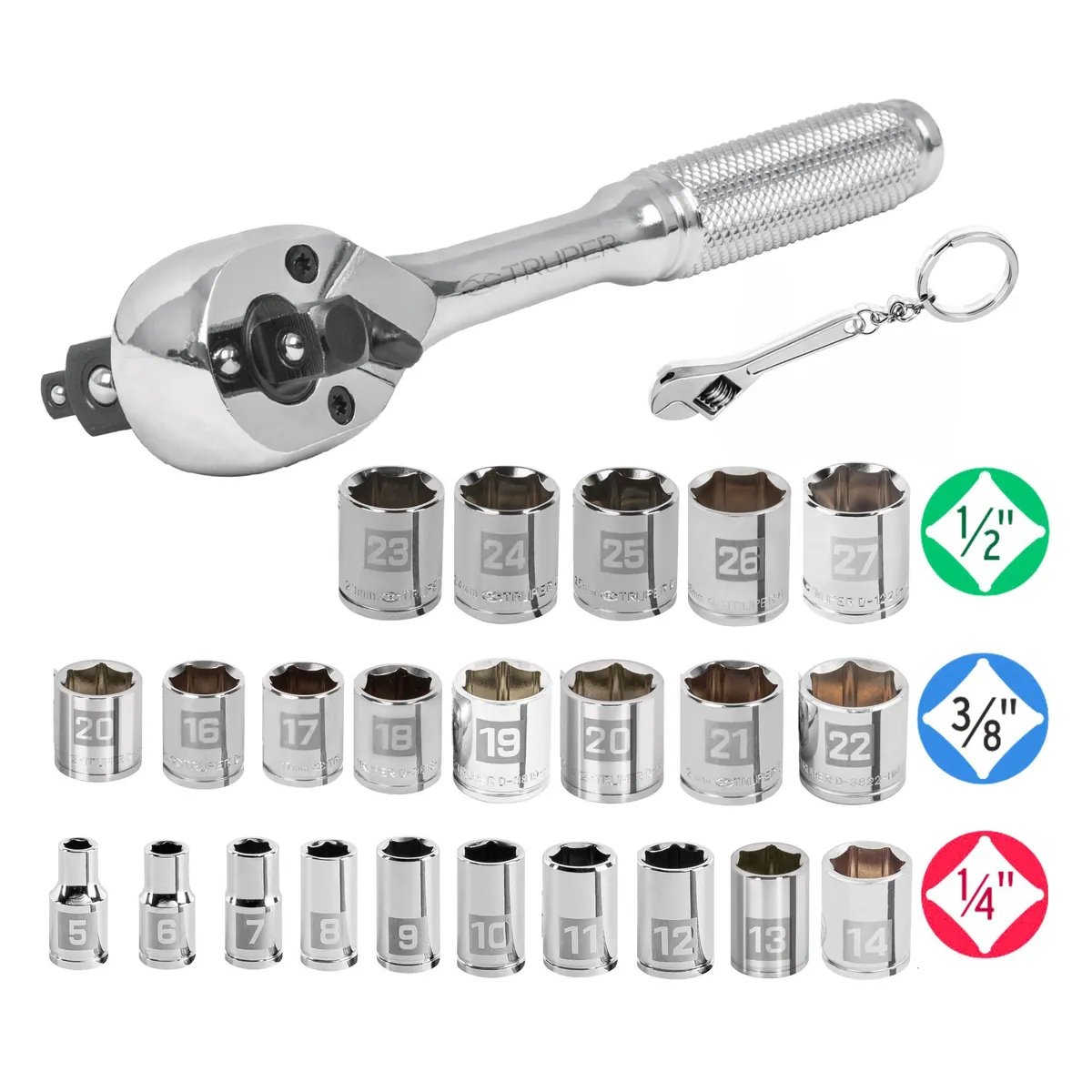 TRUPER - Juego de dados, Ratchet triple encastre 25 Pzas Truper