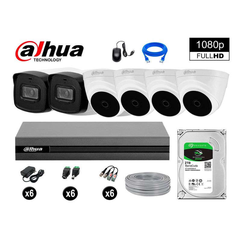 DAHUA - CÁMARAS SEGURIDAD KIT 6 40MTS MAYOR ALCANCE FULL HD + DISCO 2TB P2P