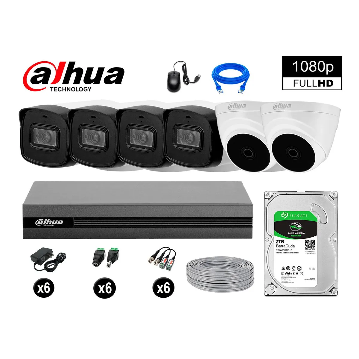 DAHUA - KIT 6 CÁMARAS SEGURIDAD 40MTS MAYOR ALCANCE FULL HD + DISCO 2TB P2P
