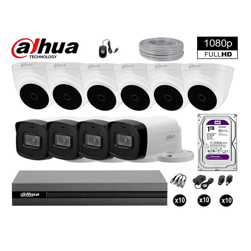 DAHUA - CÁMARAS SEGURIDAD KIT 10 40MTS MAYOR ALCANCE FULL HD + DISCO 1TB P2P