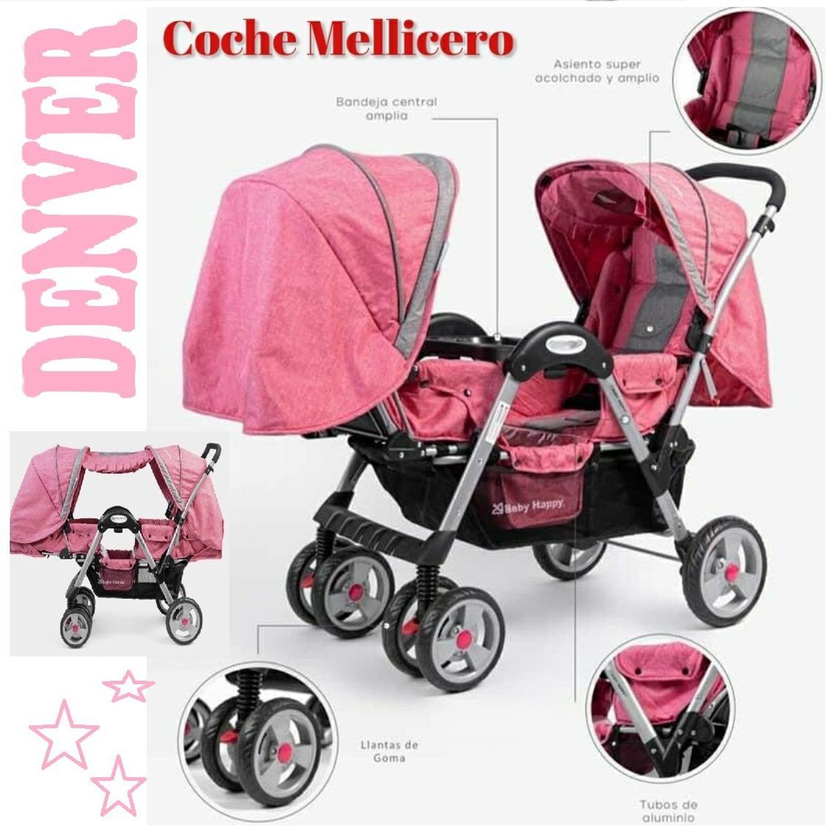 GENERICO - Coche Mellicero Tren con Bandeja Central Amplia DENVER Rosa