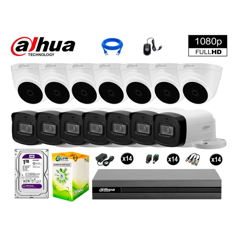 DAHUA - CÁMARAS SEGURIDAD KIT 14 40MTS MAYOR ALCANCE FULL HD + DISCO 1TB P2P