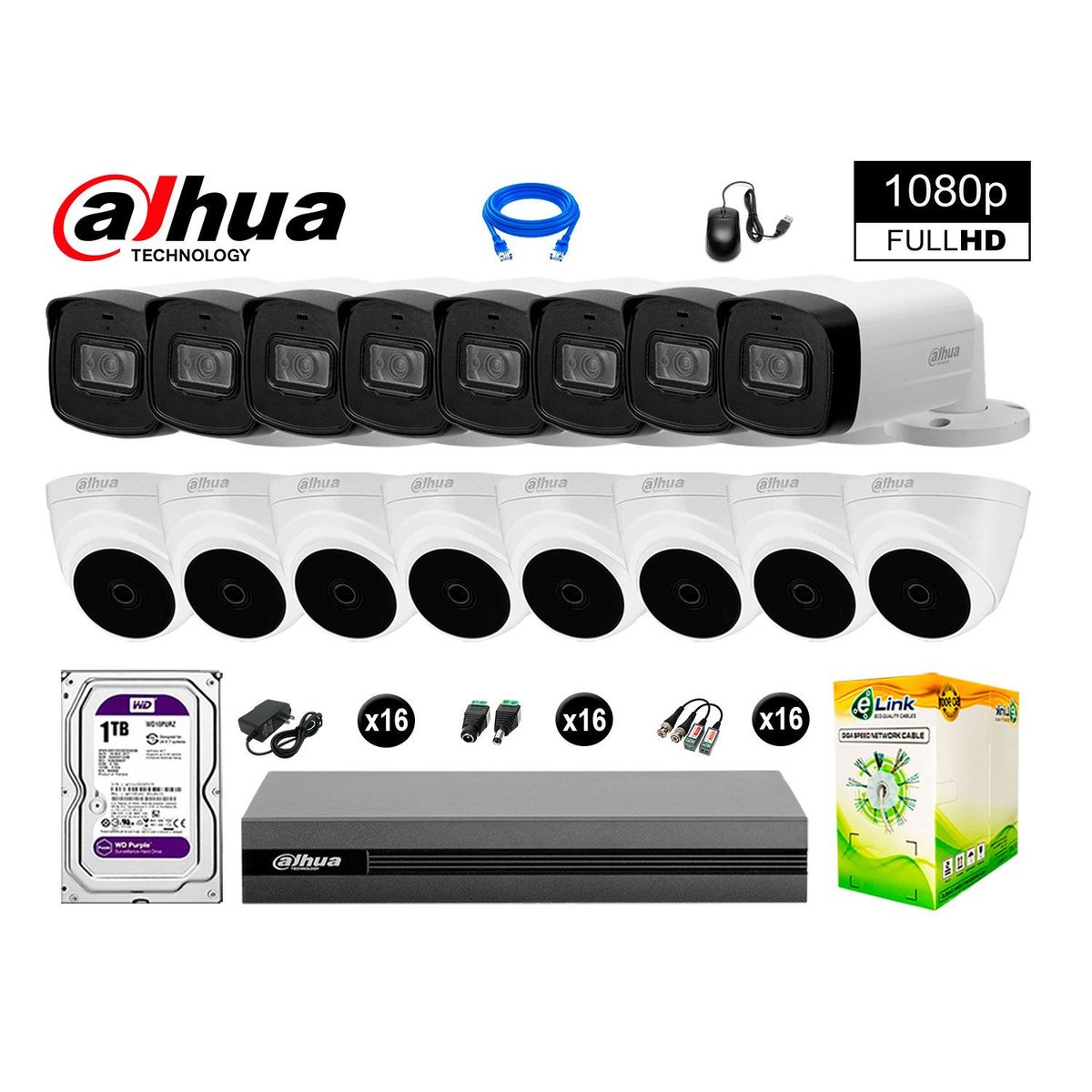 DAHUA - CÁMARAS SEGURIDAD KIT 16 40MTS MAYOR ALCANCE FULL HD + DISCO 1TB P2P