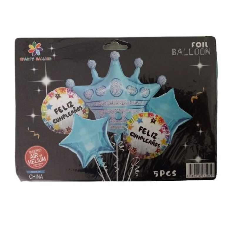 GENERICO - Set x 5 globos para hombre corona celeste feliz cumpleaños