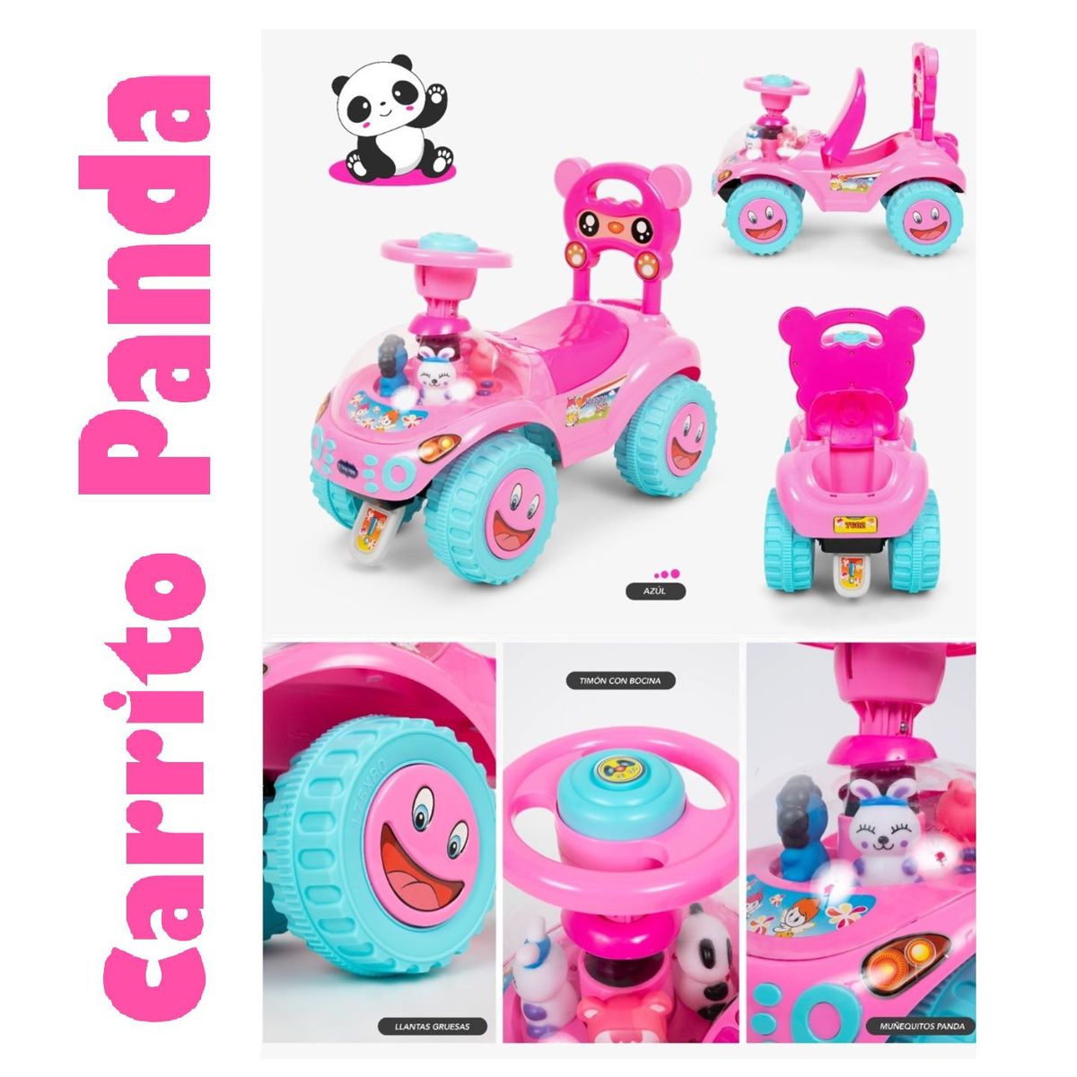 BABY HAPPY - Carrito Panda con Timon con Bocina Celeste Y Rosado