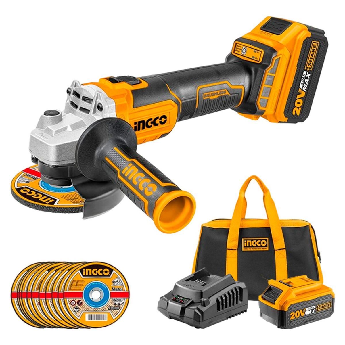 INGCO TOOLS - Amoladora Esmeril  4,5" Ingco CAGLI2011582 BL 20V +2 Baterías
