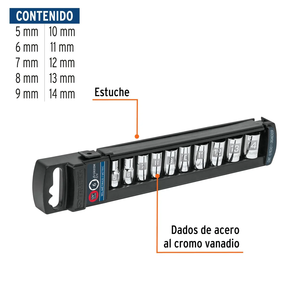 TRUPER - Juego de dados 1/4" mm, 10 piezas Truper