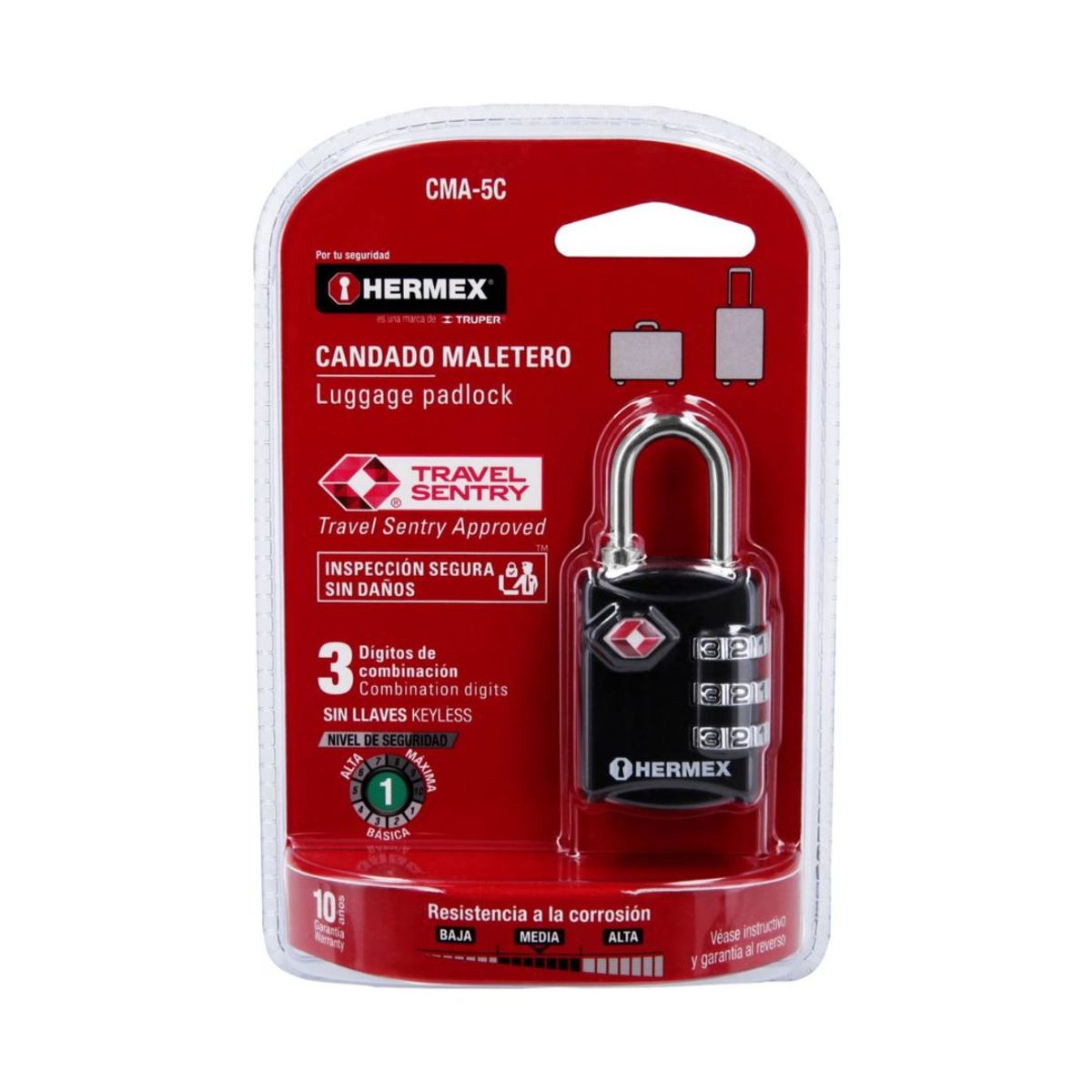 HERMEX - Candado maletero de combinación 27 mm seguridad tsa blíster Hermex